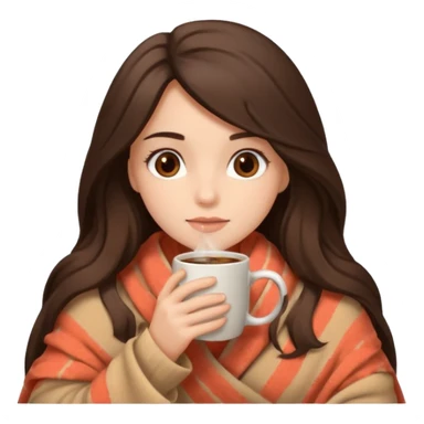 Девушка брюнетка с длинными волосами, костями глазами укутана в пушистый плед бежевого цвета и пьет кофе. Картинка должна были в цветах: бежевый, коралловый и коричневый sticker