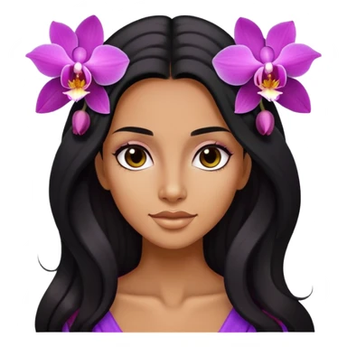 Upclose, black long hair tanned woman, orchid flowers in hair  sticker