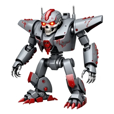 An all Grey metal evil mega zord tech bot with blood and glowing eyes in the style of your bleeding skull art, full body, rushed and worn from surviving the apocalypse, mostly Grey but splattered with blood, in a futuristic steam.punk cyber punk style sticker