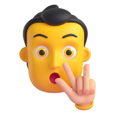 3D emoji of a yellow face with stern eyes and finger up, 'be quiet' gesture sticker