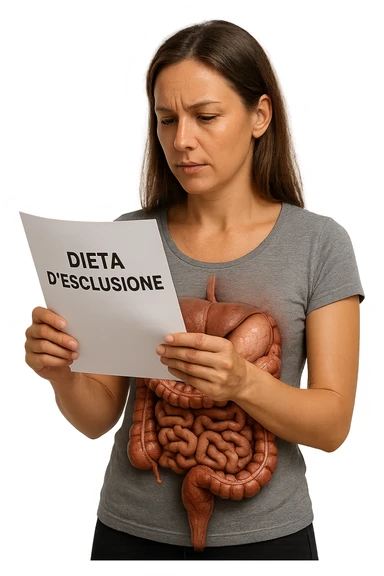 donna con intestino umano anatomico in evidenza che legge un foglio con la scritta "DIETA D'ESCLUSIONE, iperrealistica 4k sticker