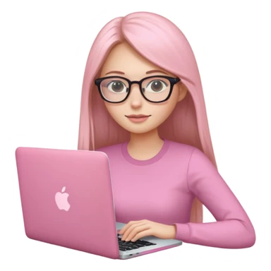 Mujer lacia peli larga y peli larga  en una MacBook rosa investigando y haciendo tareas con un libro de apuntes y con cara muy linda como modelo sticker