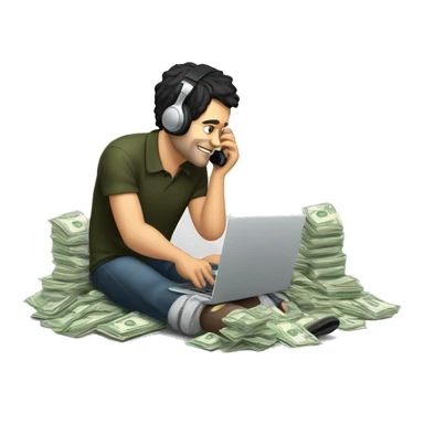 a tired white man with black hair is sitting at a laptop and talking on the phone, there is a bundle of money next to him, headphones on his head


 sticker