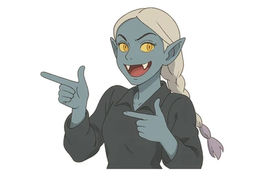 1 female, single long white braid with lavender tips. Vampire with blue skin and glowing gold yellow eyes. Meme pose sticker