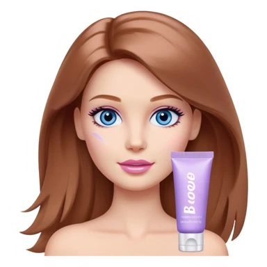 Barbie girl Chestnut Shoulder-length hair and blue eyes is In pale purple smears by hand cosmetic cream on her face sticker