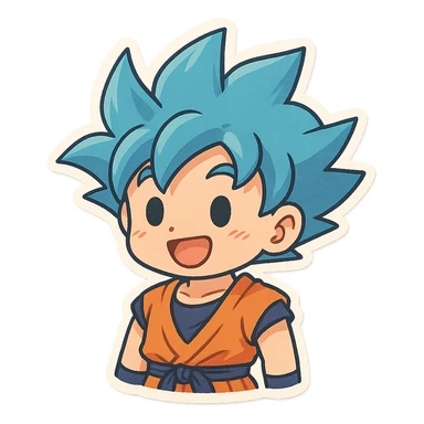 Chibi Goku with blue hair, cheerful face, cute style, simple background sticker
