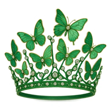 butterfly crown with a green base, fewer butterflies in various green enamel shades, sparkling gems sticker