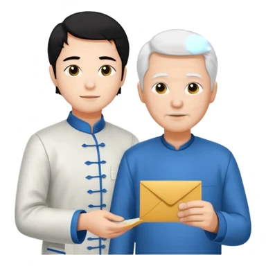 a young student with morden T-shirt and black hair, who is handing letter to a old man official with white hair chinese tunic suit sticker