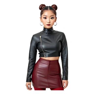 Full-body shot of an East Asian woman with a sleek bun at the nape of the neck, not a high bun. Oversized black leather jacket to the hips, black turtleneck, silver orb necklace. Red leather mini skirt, burgundy tights, red long boots. Fashion-editorial style. sticker