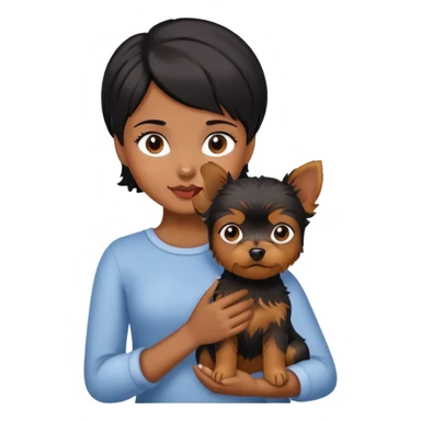 A black short-haired girl holding a Yorkshire Terrier sticker