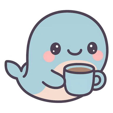 smiling whale with a blue coffee cup, cozy and delightful sticker