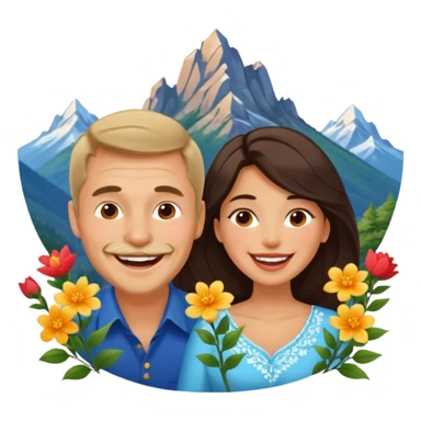 Laughing Couple traveling in Montenegro russian man and elegant  Latina girl delicate flowers and mountains in the background sticker