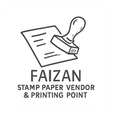 logo for 'Faizan Stamp Paper Vendor & Printing Point', classic rubber stamp and paper illustration, red and black colors, traditional and trustworthy look, clear business name sticker