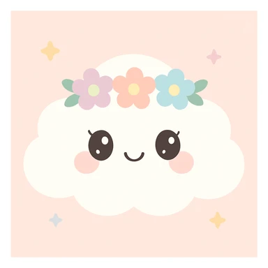 a white cloud with a flower crown and gentle feminine details, cute girly look, pastel colors sticker