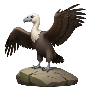a vulture — large bird with dark brown feathers, bald WHİTE head, curved beak and sharp eyes — standing proudly on a rock — wings slightly open — realistic yet cute cartoon emoji look, clean lighting, soft shadows. sticker