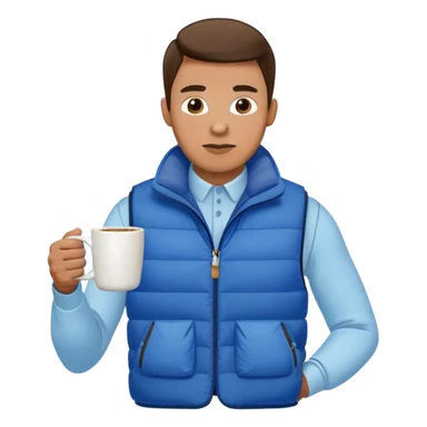 full length man with white long sleeve shirt and blue puffy winter vest with no pockets holding a coffee mug in front of him and nothing in his other hand sticker