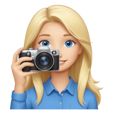  blue eyes blonde girl photographer cartoon taking picture in middle of taking picture camera in front of face long hair smiling funny flash professional, camera in front of face sticker