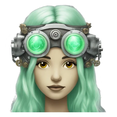 Pastel green long haired female cyborg head with silver steampunk goggles sticker