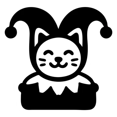 crazy cute little cat jolly joker from poker, medieval, vintage, court jester, mac os icon, purple, gold and red color, head + torso. Squared shape as 3D mac os system icon, symmetrical sticker