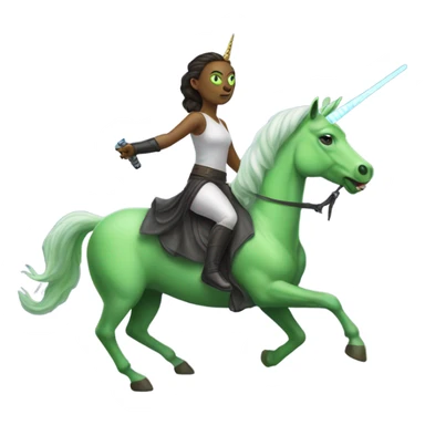 a unicorn with a green alien woman on it holding a lightsaber sticker