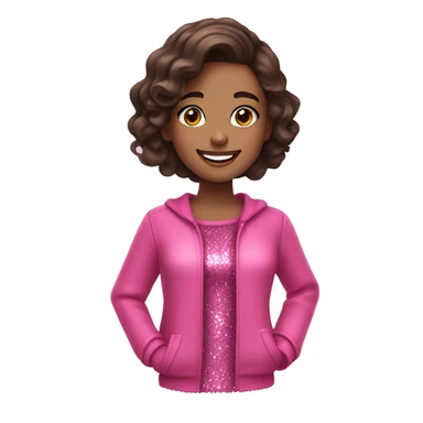 brunette girl with makeup and pink glittery clothes smiling sticker