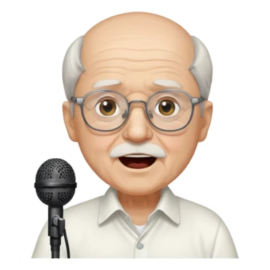 singer, Old man, singing to mic, white shirt glasses sticker