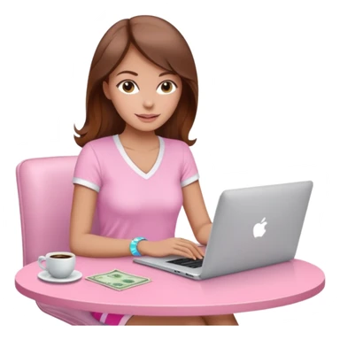  woman character with laptop and coffee relax table, dollars are floating, colorful pastel pink outfit, white laptop, brownn hair, fair skin,  sticker