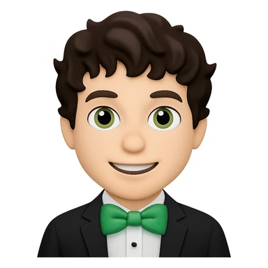 Change the man's hair to wavy hair, keep the man with green bow tie, in apple emoji style, with no background. sticker