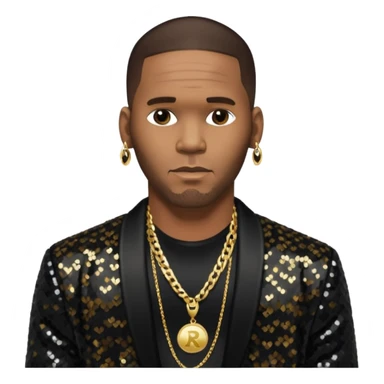 R. Kelly with dark brown hair, black sequin jacket, shirtless with necklace sticker