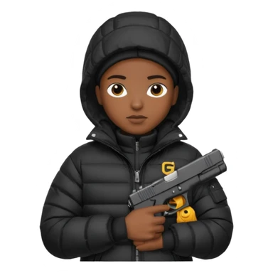 african american wearing a black puffer jacket with the hood on and holding a glock 26 sticker