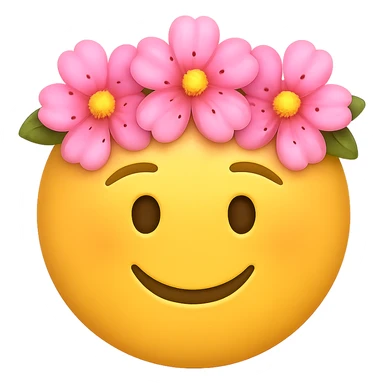 yellow face with pink flower crown emoji, digital illustration, remove background sticker