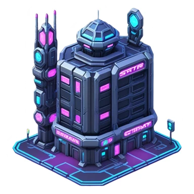 StarCraft-inspired, sci-fi, isometric RTS, cyberpunk building, neon lights, rugged terrain sticker