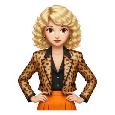 Blonde woman with an 80s-style hairstyle, with curls and bangs, animal print blazer, black top and orange skirt, all very 80s style, brown eyes, 80s makeup sticker