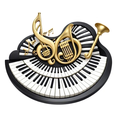 Create an elegant and festive emoji collage representing keyboard instruments, styled like a heraldic emblem. The design should feature a central focal point of black and white piano keys, arranged in a semi-circular or shield-like shape. Around the piano keys, add intertwining musical notes that form flowing ribbons, creating a dynamic and celebratory atmosphere. The design should be professional, with polished silver and gold accents on the keys and notes, highlighting the luxury and sophistication of the instruments. Add subtle shading and lighting effects to give the design a refined, 3D appearance. The background should remain transparent, and the overall feel should evoke grandeur, artistry, and a sense of celebration. sticker