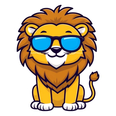 playful lion emoji with big friendly grin, golden brown mane, trendy sunglasses with shiny lenses, cartoon-like charming face, minimal background sticker