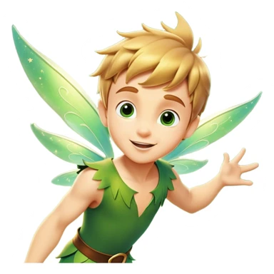 cinematic-realistic-peter-pan-portrait, head tilted dramatically with an exaggeratedly amused expression and sparkling eyes brimming with playful mischief, his iconic outfit rendered in vivid detail with dynamic shadows, soaring through the air flying next to a glowing Tinker Bell, whose delicate wings leave a trail of shimmering pixie dust across a whimsical sky. sticker