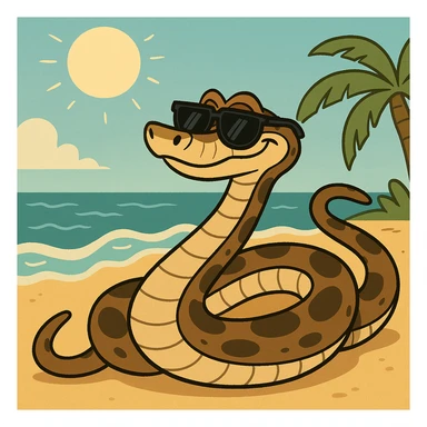 Kaa the snake from The Jungle Book relaxing on a sunny beach, wearing sunglasses, cartoon style sticker