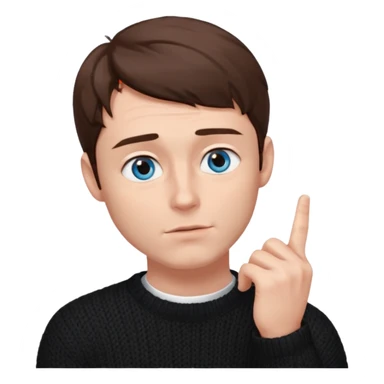 man in black knitted sweater in thinking pose, blue eyes brown hair, index finger touching his chin, eyes looking up to the top right sticker