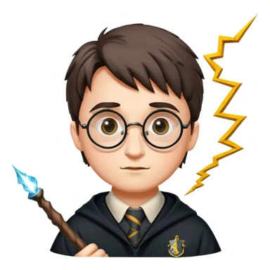 harry potter with round glasses, lightning scar, and wand sticker