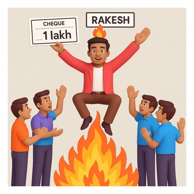 Add 'Rakesh' as a name label above the god-like figure and a prominent 1 lakh check in his hand, with fire and five worshipping team members below. Make both name and check clear and easy to read. sticker