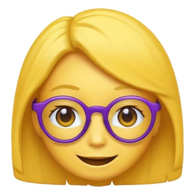 un emojis amarillo, con el cabello corto,lacio y negro, con lentes violeta y una sonrisa sticker