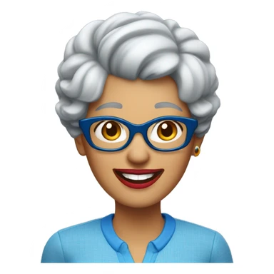 A laughing gray-haired woman in a blue scoop-necked shirt with blue glasses perched on her head. Her lipstick is red sticker