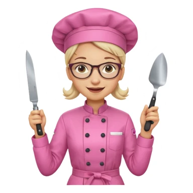 female italian chef, pink uniform, wearing glasses, holding knife sticker