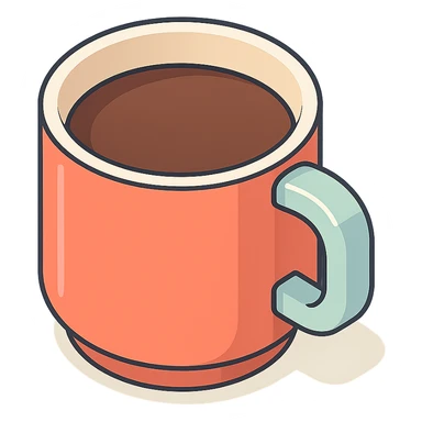 top view of a coffee mug, 2D isometric style, soft rounded shapes, clean contours, pastel palette, detailed shadows and highlights, modern illustration, transparent background sticker