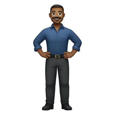  emoji of a man with short dark hair, clean-shaven, goatee and mustache.  wearing a formal button-up dark blue shirt, black pants, and a belt. smiling  with a smartwatch on his wrist. The style should be lighthearted and resemble professional attire sticker