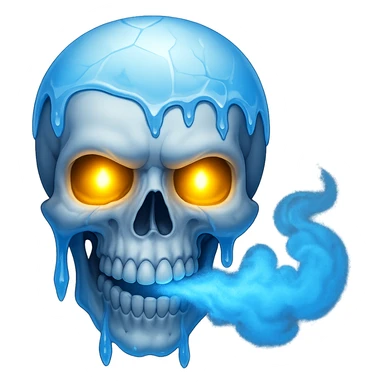 Add glowing eyes to the skull with icicles and blue cold breath. The image should have no background. Keep the cold and icy atmosphere with blue breath and icicles. sticker