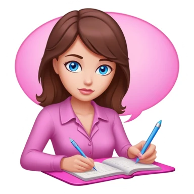 brown-haired, blue-eyed female writer writing a romance novel pink light sticker