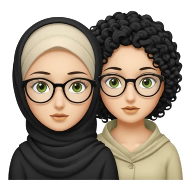 White hijabi girl with black eyes and black long hair white girl and black eyes wearing glasses and a white skin girl with curly honey hair and green eyes sticker