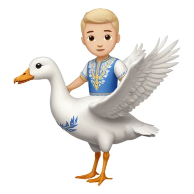 A boy in a Ukrainian white embroidered shirt flies on a white goose sticker