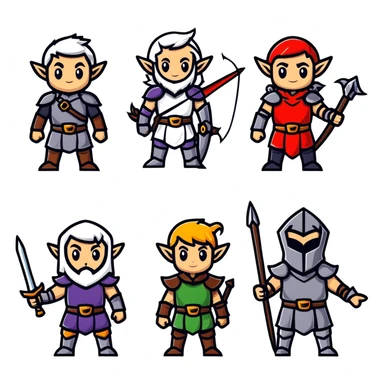 Lineage 2 character group with Human knight, Elf archer, Dwarf fighter, and Dark Elf mage sticker